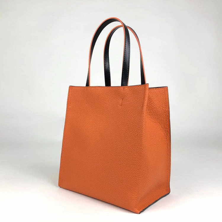 Cute Womens Orange Leather Tote Bag Best Tote Handbag Small Shopper Bag Purse for Ladies Lightweight Style