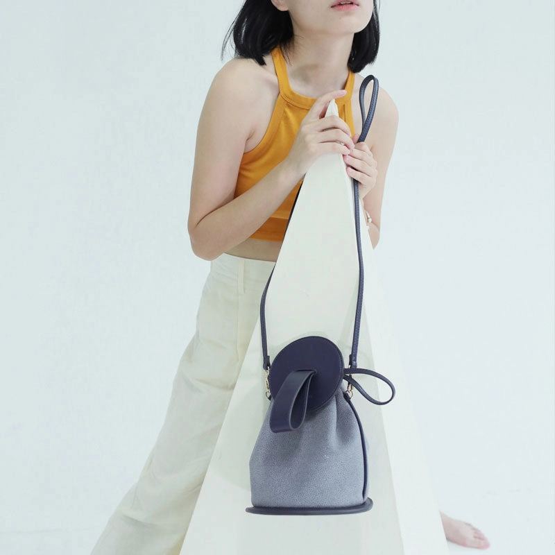 Everyday handbag Cute Yellow Leather Womens Mini Bucket Purse Handbag Barrel Shoulder Bag for Women