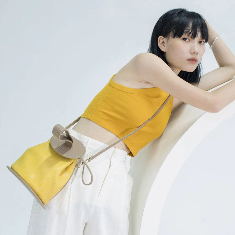 Elegant Shoulder Cute Yellow Leather Womens Mini Bucket Purse Handbag Barrel Shoulder Bag for Women