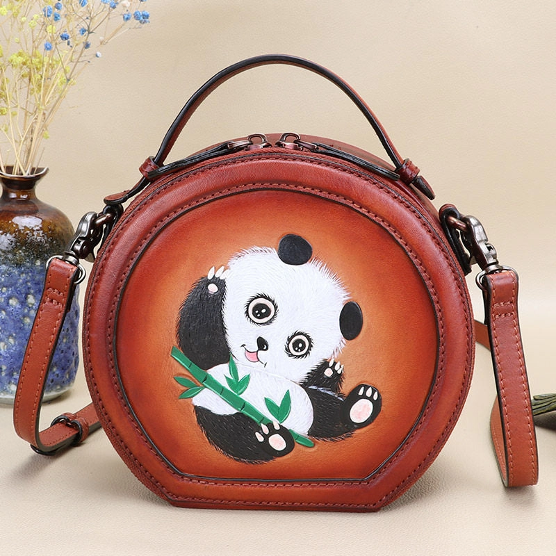 Cutest Women Brown Leather Round Handbag Panda Crossbody Purse Vintage Round Shoulder Bags for Women Soft Mood Functional Feature
