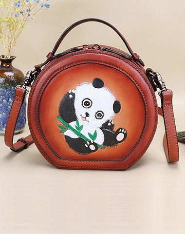 Modern Aesthetic Cutest Women Coffee Leather Round Handbag Panda Crossbody Purse Vintage Round Shoulder Bags for Women