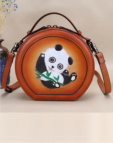 Cutest Women Coffee Leather Round Handbag Panda Crossbody Purse Vintage Round Shoulder Bags for Women Everyday Essentials Versatile Function