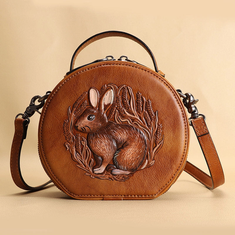 Smart Pick Lightweight Carry Cutest Womens Brown Leather Round Handbag Bunny Crossbody Purse Vintage Round Shoulder Bags for Women