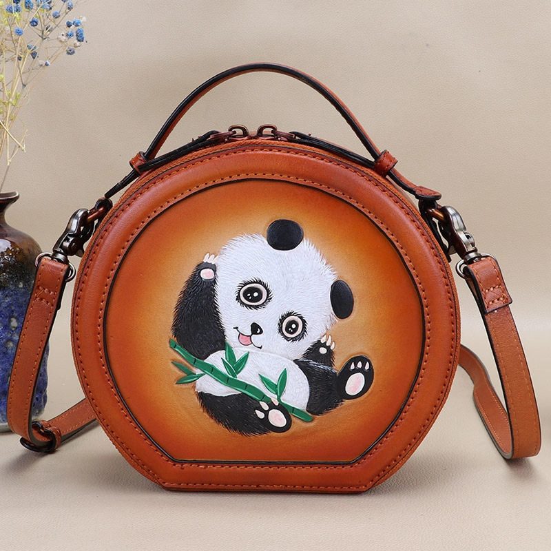 Functional Storage Cutest Womens Leather Round Handbag Panda Crossbody Purse Vintage Round Shoulder Bags for Women