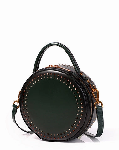 Comfortable pick Womens Red Leather Round Handbag with Rivet Crossbody Purse Red Round Shoulder Bag for Women