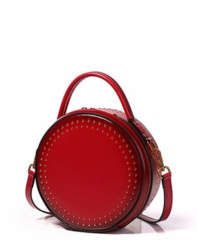 Beach Day Outdoor Adventure Womens Red Leather Round Handbag with Rivet Crossbody Purse Red Round Shoulder Bag for Women