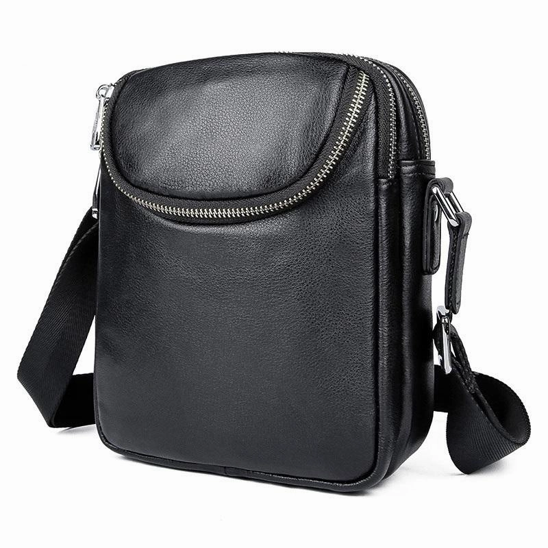 Compact Functionality Black Leather 8 inches Small Side Bag Vertical Courier Bag Messenger Bag For Men
