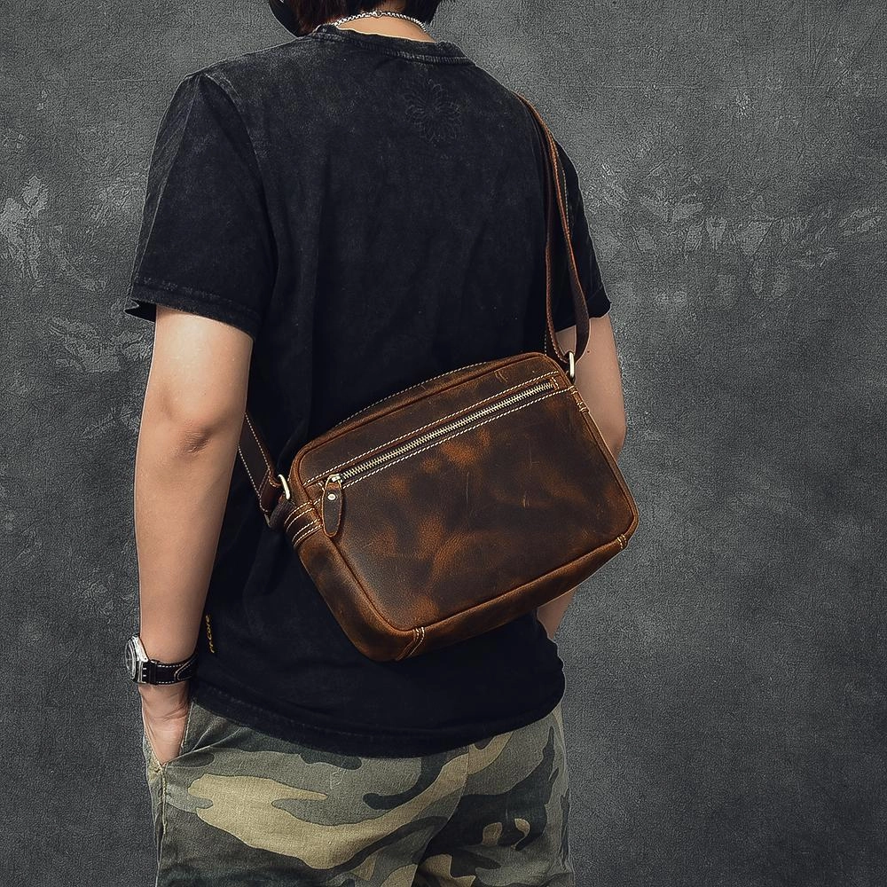 Effortless Chic Vintage Leather Mens 8' Brown Saddle Side Bag Messenger Bag Small Postman Bag For Men