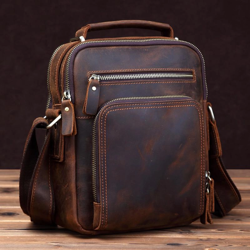 Street Fashion Small Brown Leather Messenger Bag Men's Vertical Side Bag Mini Vertical HandBag Courier Bag For Men