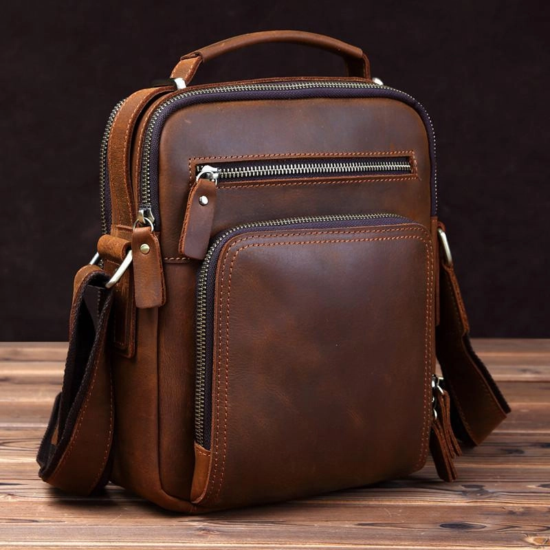 On The Go Small Brown Leather Messenger Bag Men's Vertical Side Bag Mini Vertical HandBag Courier Bag For Men