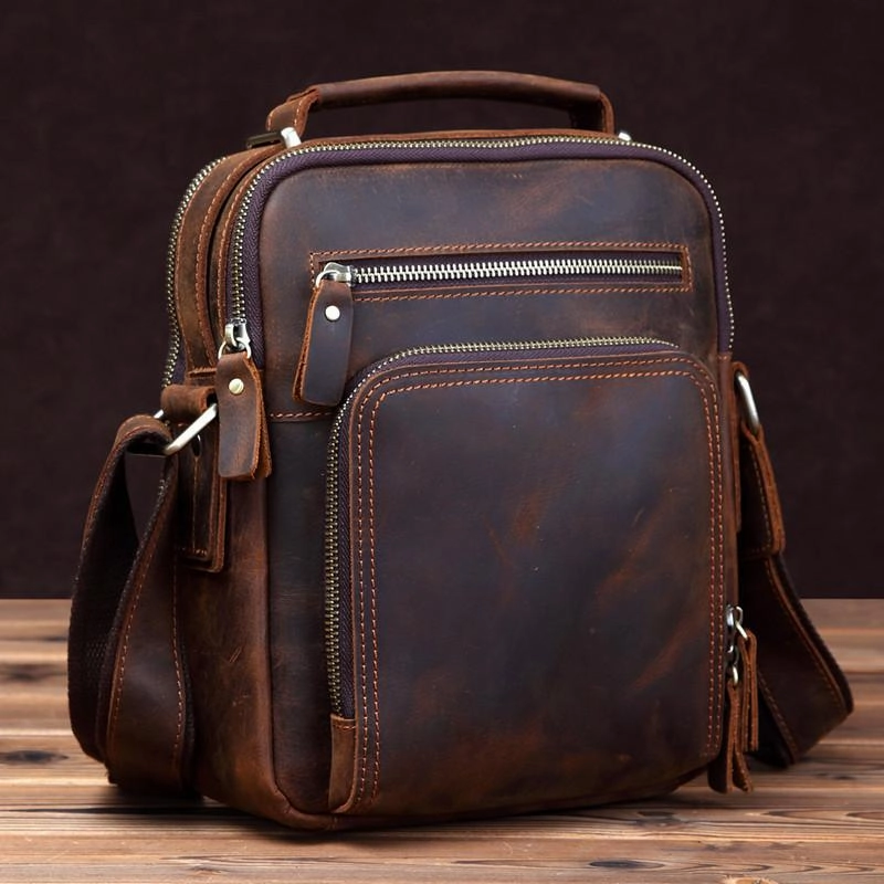 Minimalist Organizer Compact accessory Small Brown Leather Messenger Bag Men's Vertical Side Bag Mini Vertical HandBag Courier Bag For Men