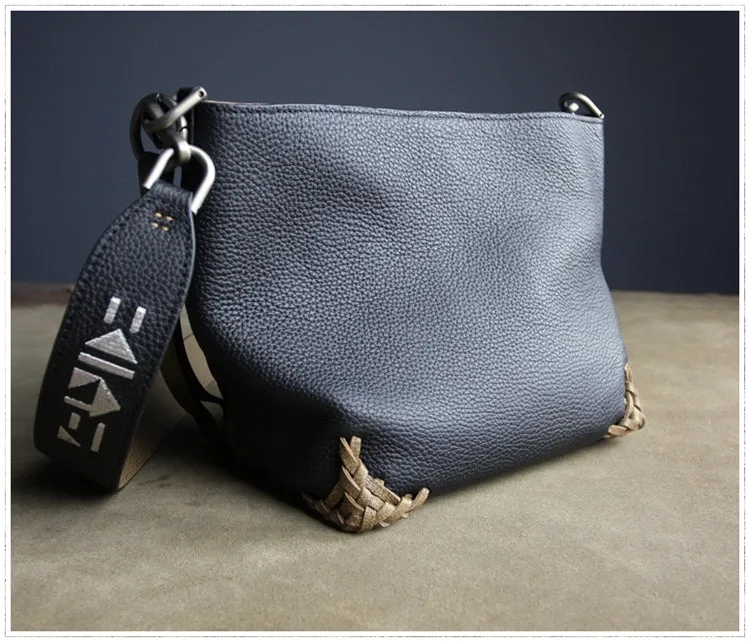 Minimal Finish Chic Update Dark Blue Womens Leather Bucket Shoulder Purse Womens Barrel Leather Handbag Shoulder Bag for Ladies