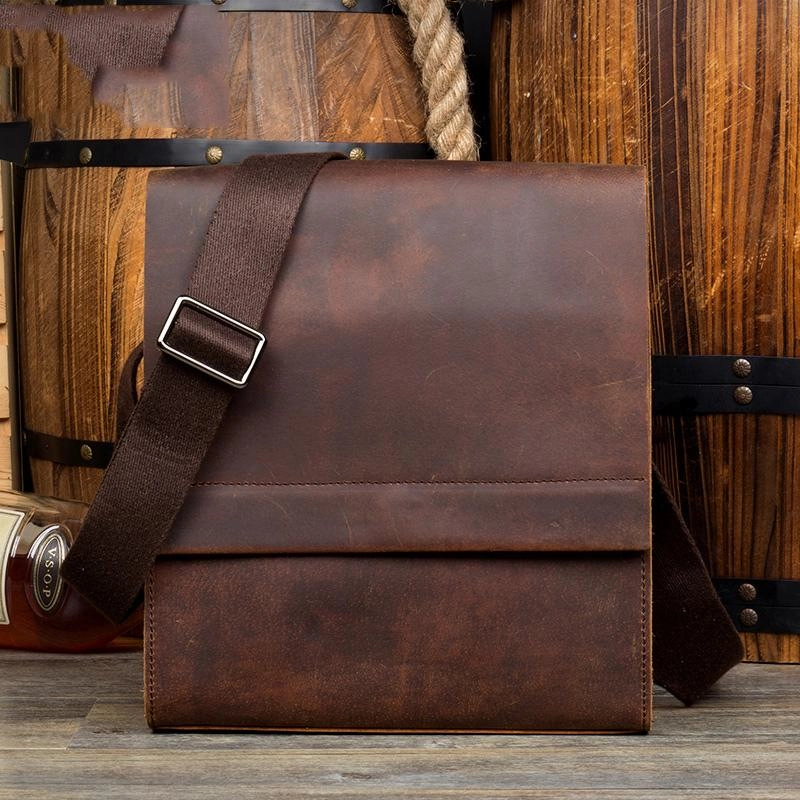 Dark Brown Casual Leather 8 inches Shoulder Vertical Postman Bag Messenger Bags Courier Bag for Men Compact Shape