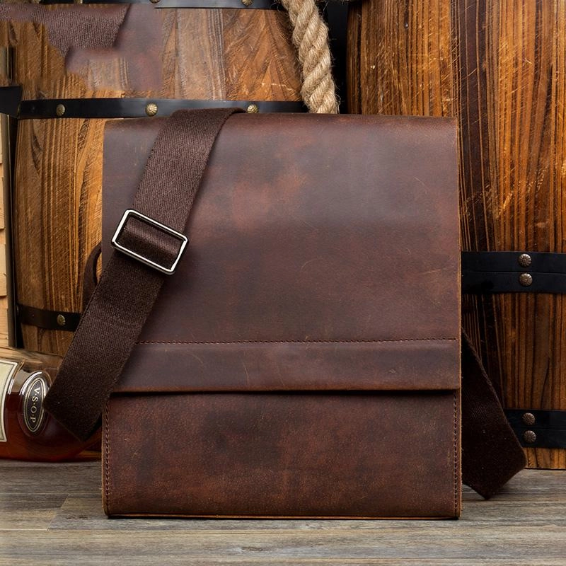 Travel Essential Dark Brown Casual Leather 8 inches Shoulder Vertical Postman Bag Messenger Bags Courier Bag for Men