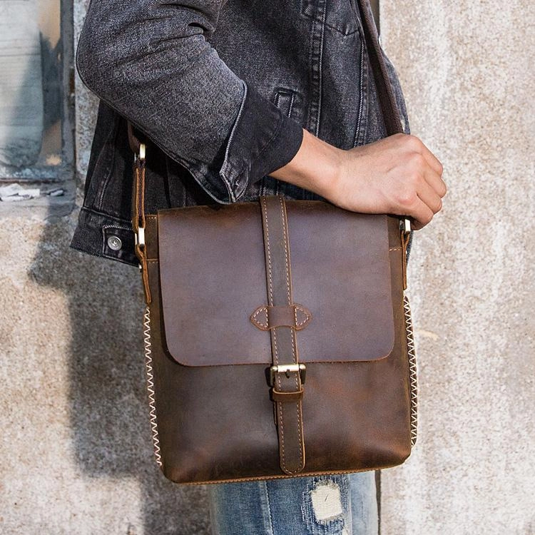 Dark Brown Casual Leather Mens 10 inches Vertical Side Bag Postman Bag Brown Messenger Bag Courier Bag for Men Simple Carry