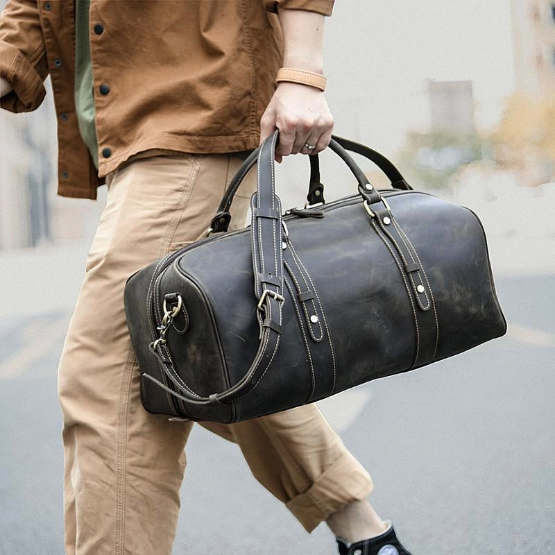 Dark Brown Leather Mens Casual Large Travel Bag 16" Shoulder Weekender Bag Duffle Bag For Men Photography Skills