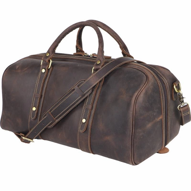 Adjustable Design Dark Brown Leather Mens Casual Large Travel Bag 16" Shoulder Weekender Bag Duffle Bag For Men
