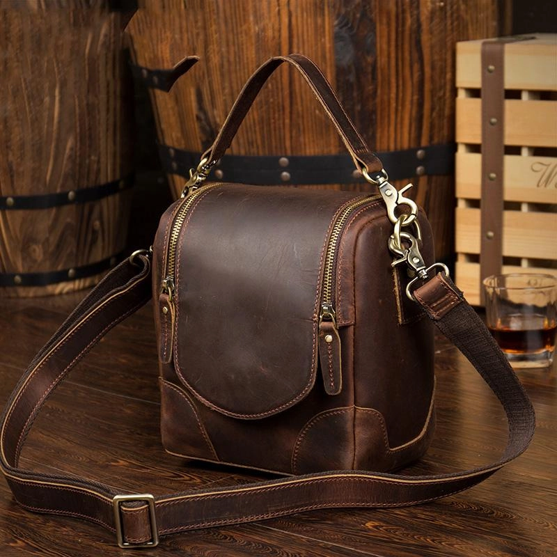 Dark Brown Leather Mens Small SLR Camera Bag Shoulder Bag Messenger Bag For Men Functional Reliability