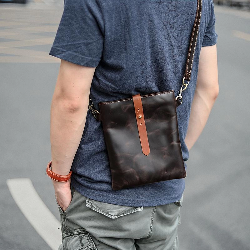 Durable Utility Street Style Dark Coffee Leather Mens Small Vertical Courier Bag Messenger Bags Black Small Postman Bag For Men
