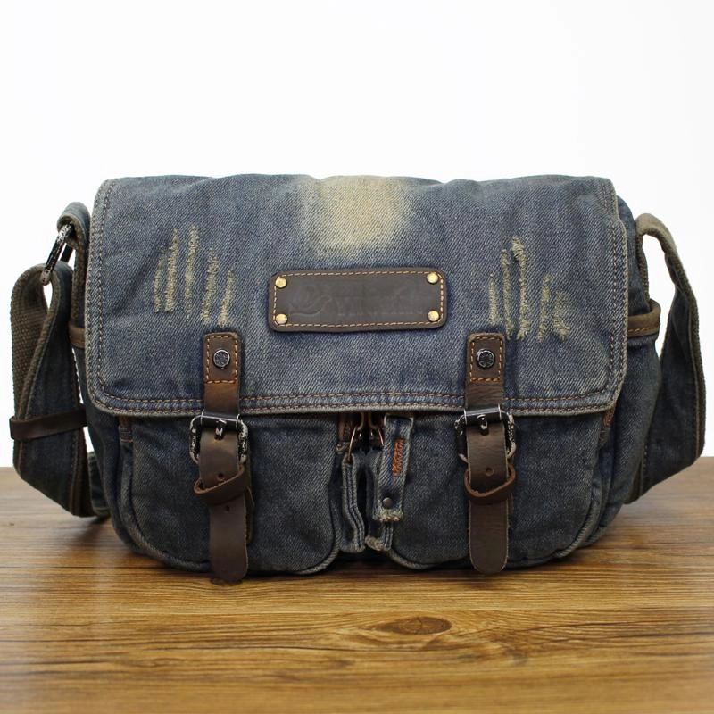 Denim Blue Mens Small Courier Bag Messenger Bag Blue Jean Postman Bag For Men Modern Functionality