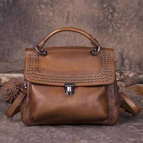 Compact Form Elegant Organizer Brown Vintage Leather Purse Handmade Rivet Satchel Handbag Shoulder Bags Crossbody Purses