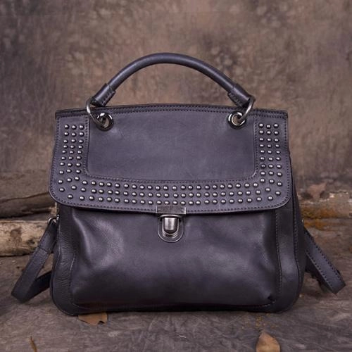 Brown Vintage Leather Purse Handmade Rivet Satchel Handbag Shoulder Bags Crossbody Purses Masculine Edge Soft-touch leather bag