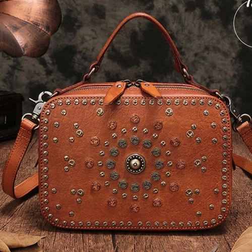 Vintage Womens Purple Leather Handbag Purse Cube Rivet Shoulder Handbag Crossbody Bags Chic leather clutch Sophisticated Lifestyle