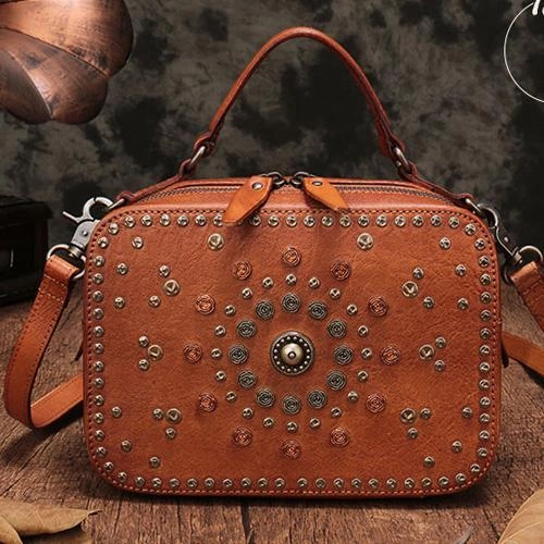 Vintage Womens Purple Leather Handbag Purse Cube Rivet Shoulder Handbag Crossbody Bags Waterproof Fabric Compact Design