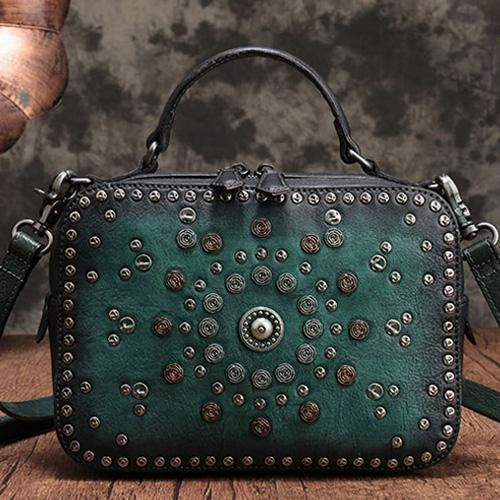 Vintage Womens Purple Leather Handbag Purse Cube Rivet Shoulder Handbag Crossbody Bags Smart Traveler Compact Look