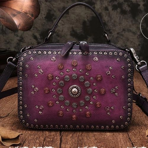 Luxurious evening bag Vintage Womens Purple Leather Handbag Purse Cube Rivet Shoulder Handbag Crossbody Bags