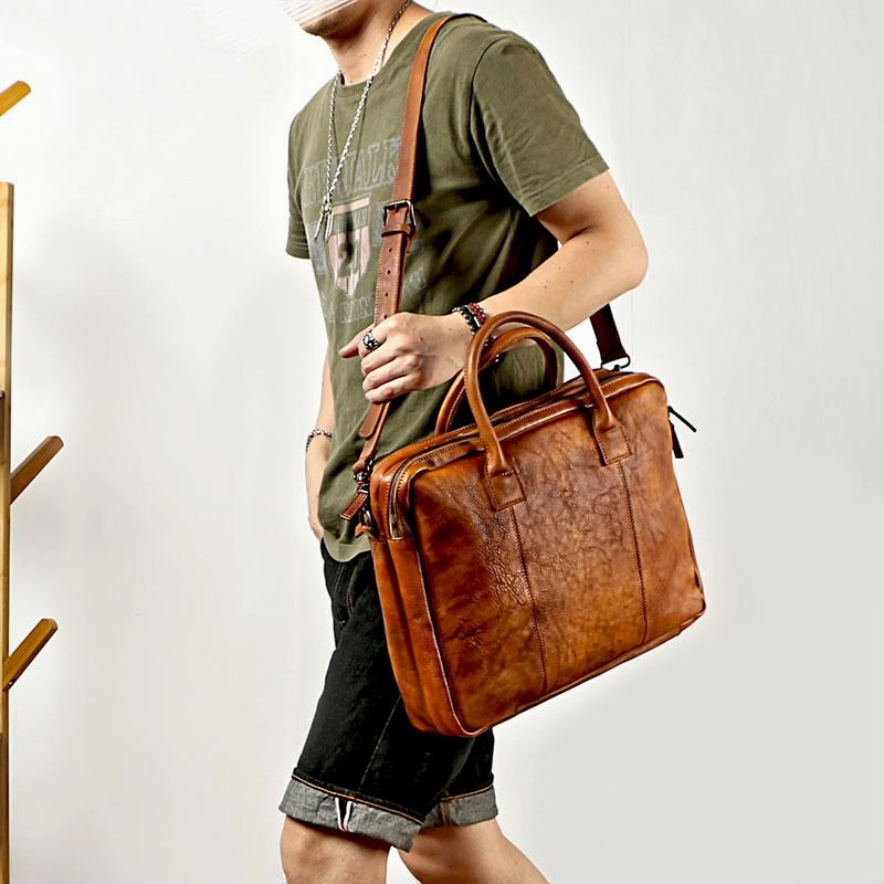 Vintage Brown Mens Leather Briefcase Work Handbag Black 14'' Computer Briefcases For Men Modern Carry Durable weekend handbag