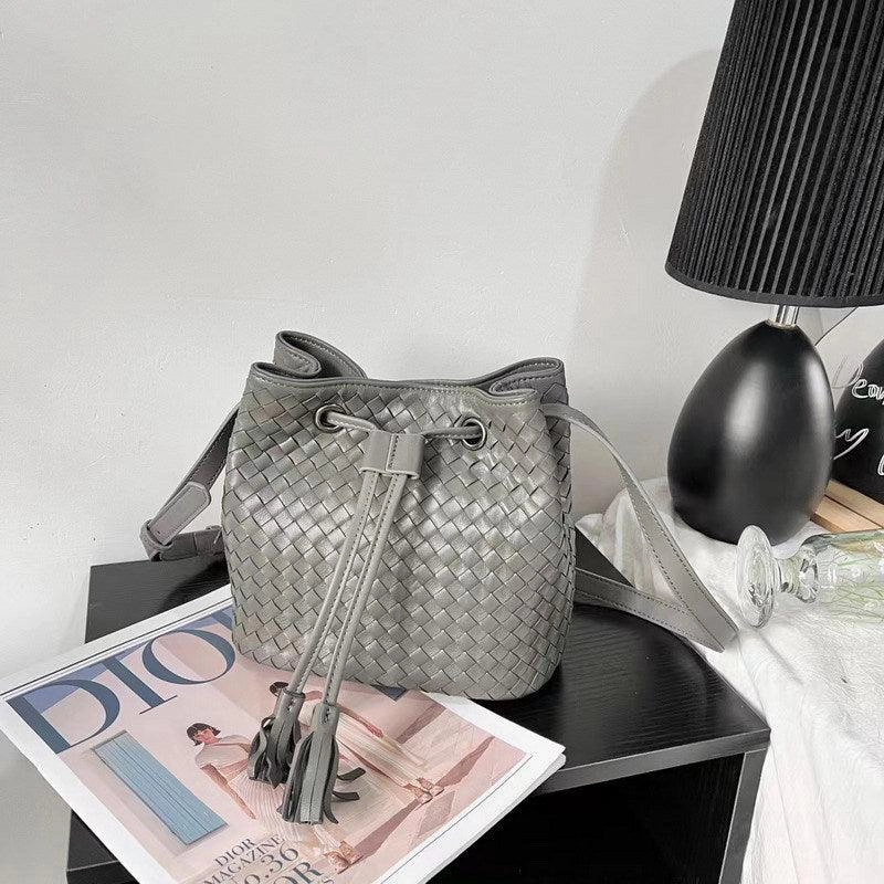 Soft Texture Finish Drawstring Lambskin Leather Bucket bag |  Handwoven Medium Shoulder Purse Women's Cinch Designer Bag, Crossbody Crossover, Must-have Bag