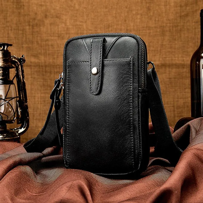 Luxury Proportion Cool Black Leather Men's Cell Phone Holster Mini Side Bag Waist Belt Pouch For Men