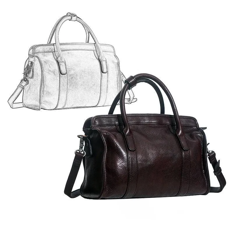 Large Size Retro Handcrafted Leather Tote Bag | Full Grain Leather Shoulder Bag | Cowhide Crossbody Bag | Boston Bag Handbag | Unisex Gift Multi Pocket Functional Trend