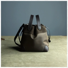 Small Womens Coffee Nylon Leather Bucket Handbag Purse Nylon Leather Barrel Shoulder Bag Handbag Purse for Ladies Evening Outfit