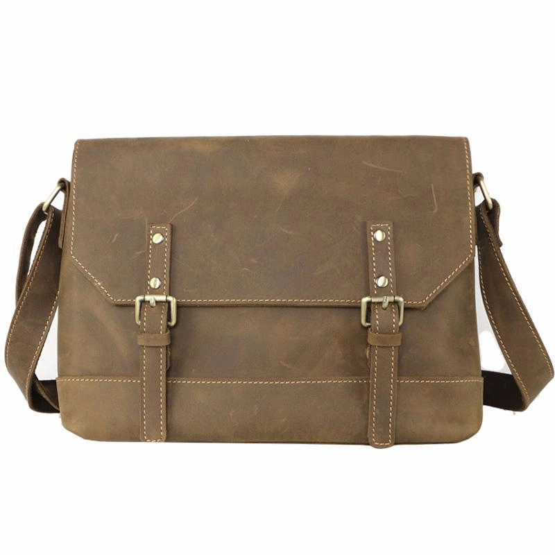 Urban Aesthetic Work Lifestyle Cool Brown Leather Mens Small Courier Bags Vintage Brown Messenger Bag Postman Bag For Men