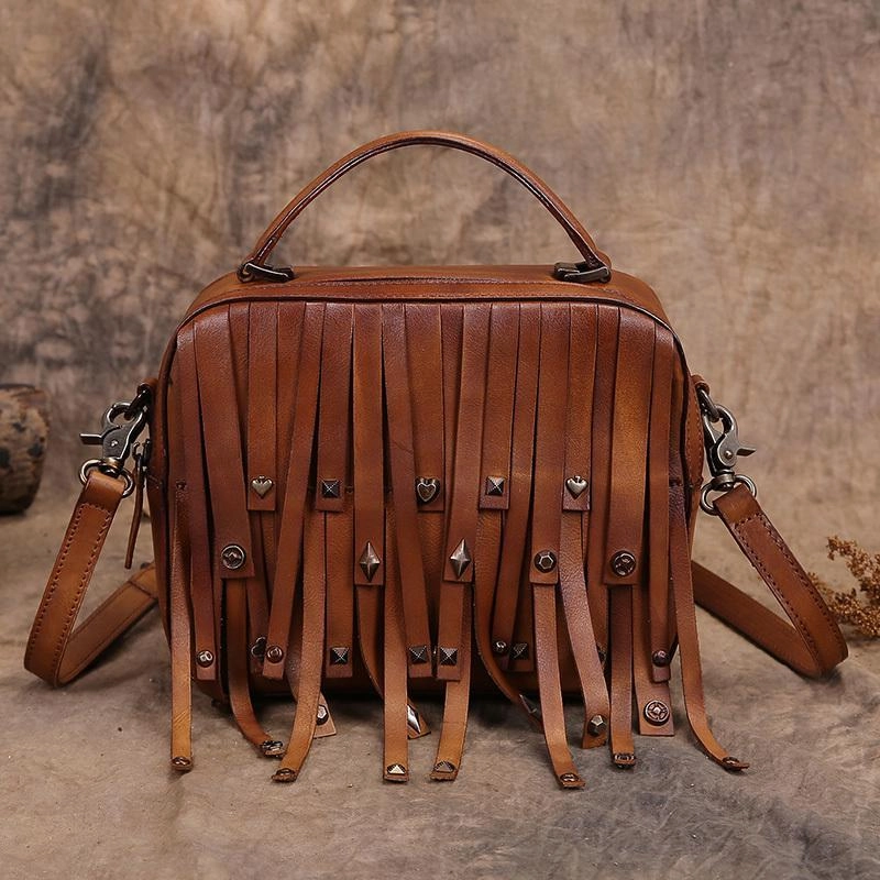 Red Vintage Womens Leather Purse Tassel Handbag Brown Shoulder Bag Crossbody Purses for Ladies Daily Look