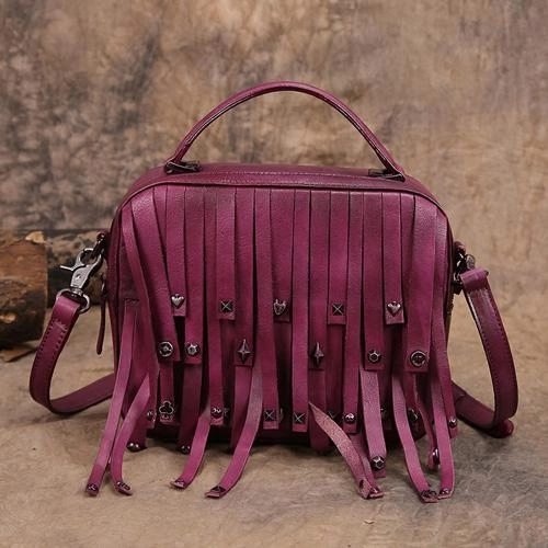 Red Vintage Womens Leather Purse Tassel Handbag Brown Shoulder Bag Crossbody Purses for Ladies Seasonal Trend