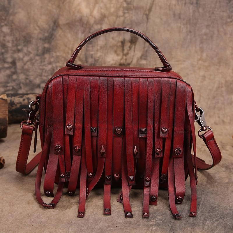 Red Vintage Womens Leather Purse Tassel Handbag Brown Shoulder Bag Crossbody Purses for Ladies Luxury Office