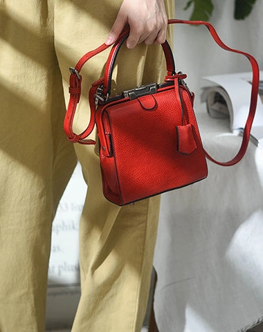 Womens Red Leather Doctor Handbag Purses Square Doctor Crossbody Purse for Women Practical day-to-day bag High Quality