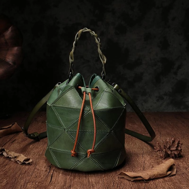 Daily Essentials Cute Green Leather Womens Bucket Shoulder Bag Brown Handbag Barrel Bag for Ladies