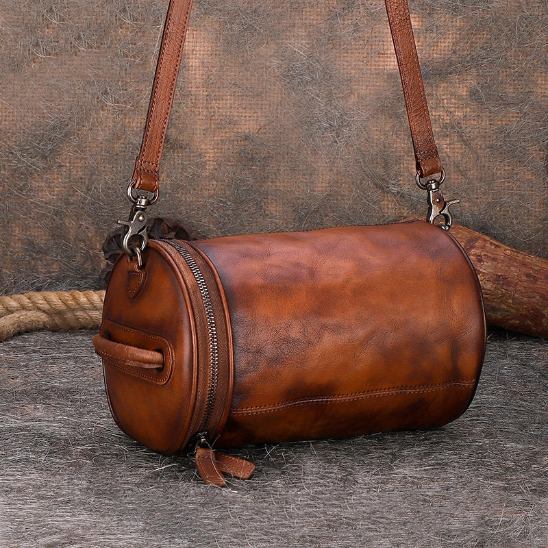 Womens Brown Leather Barrel Shoulder Bag Purse Vintage Round Handbag Bucket Crossbody Purse for Women Everyday Chic