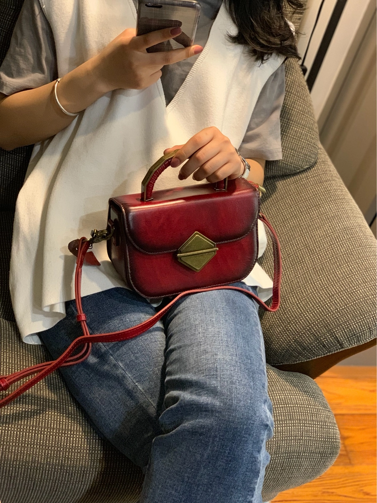 Night Glamour Women's Leather Small Red Satchel Handbag Shoulder Bag Fashion Small Red Leather Satchel Purse for Girls