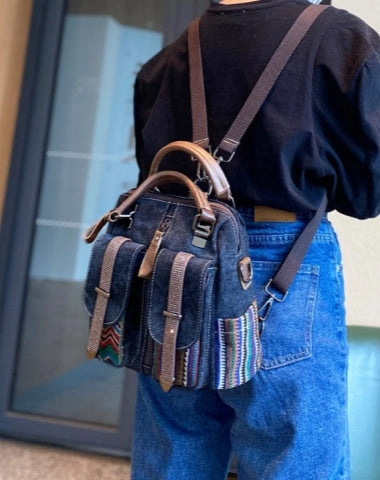 Commuter Utility Women Canvas Embroidery Convertible Boho Backpack Shoulder Bag Canvas Convertible Handbag Boho Crossbody Bag With outside Pockets