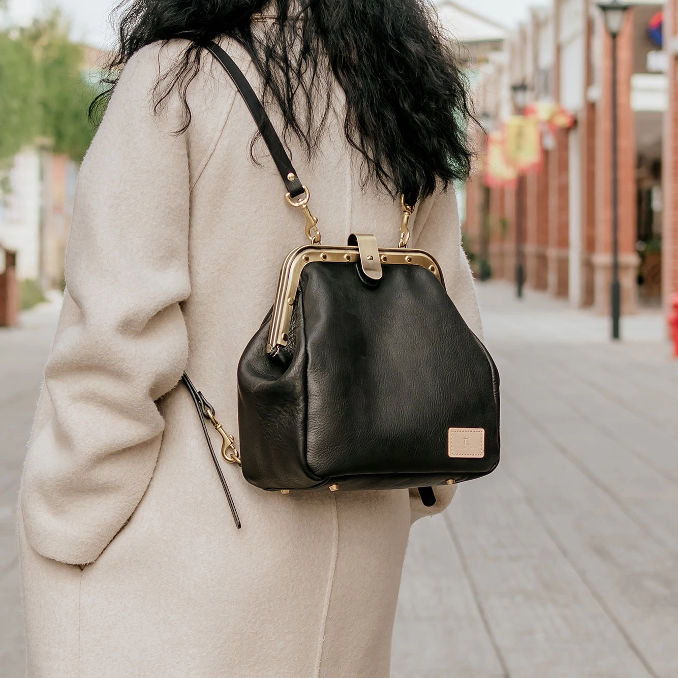 Handmade Womens Black Leather Doctor Backpack Purse Shoulder Doctor Handbag for Women Minimalist Design