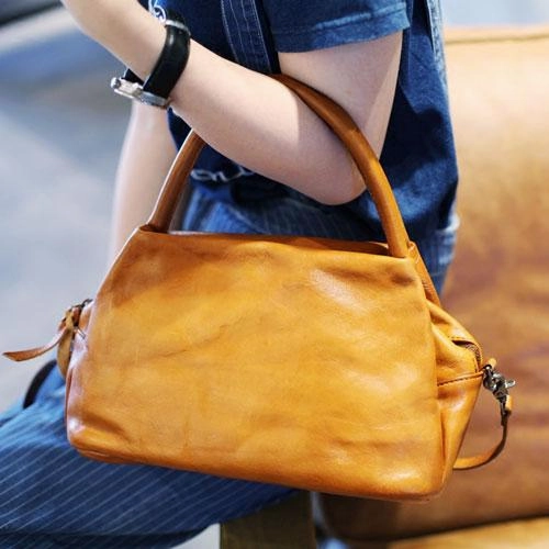 Fashion Womens Brown Leather Top Handle Satchel Handbag Brown Leather Satchel Shoulder Bag Purse Trendy Evening