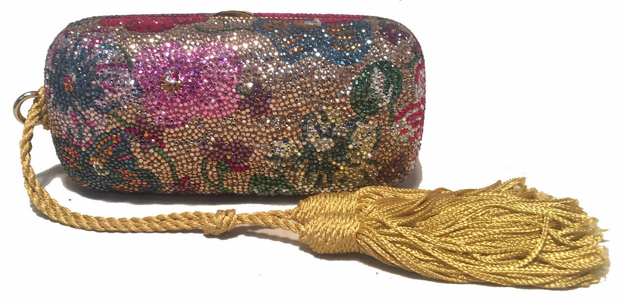 Evening Ready Judith Leiber Swarovski Crystal Floral Print Mini Minaudiere with Tassel Rope
