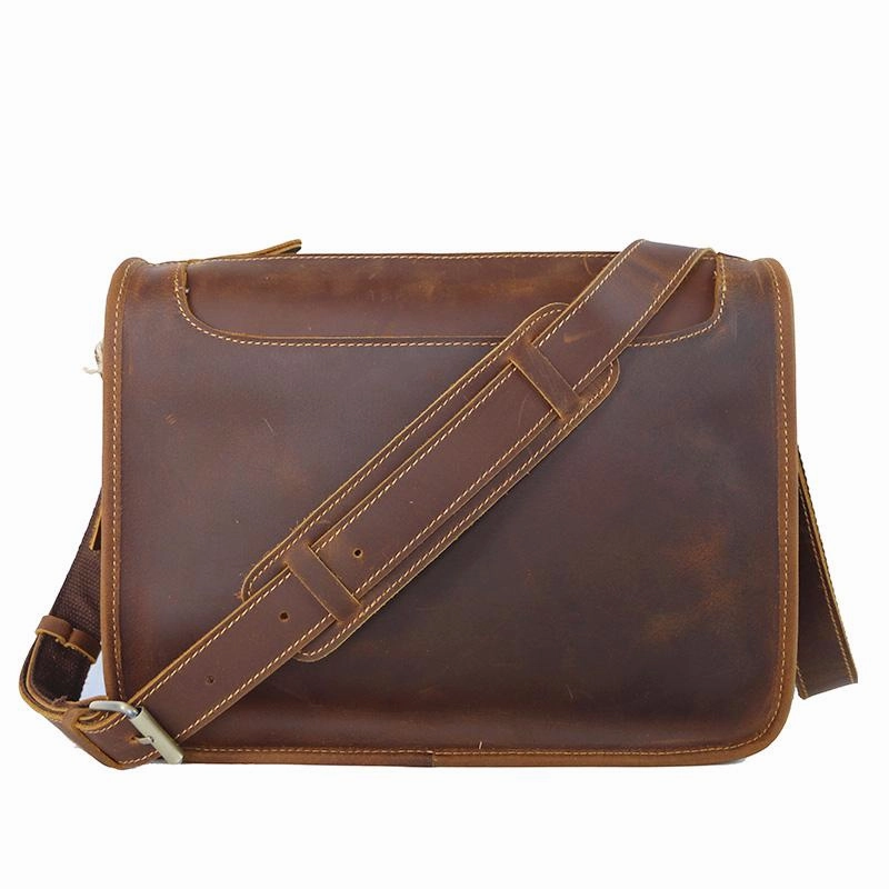 Travel Necessity Handmade Dark Coffee Leather Mens 10 inches Courier Bag Brown Messenger Bags Dark Brown Postman Bags For Men