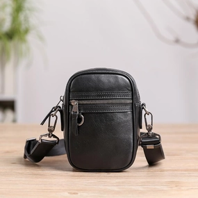 Classic Companion Outdoor Adventure Black Leather MENS Small Vertical Side Bag Black MIni Messenger Bag Mobile Bag For Men