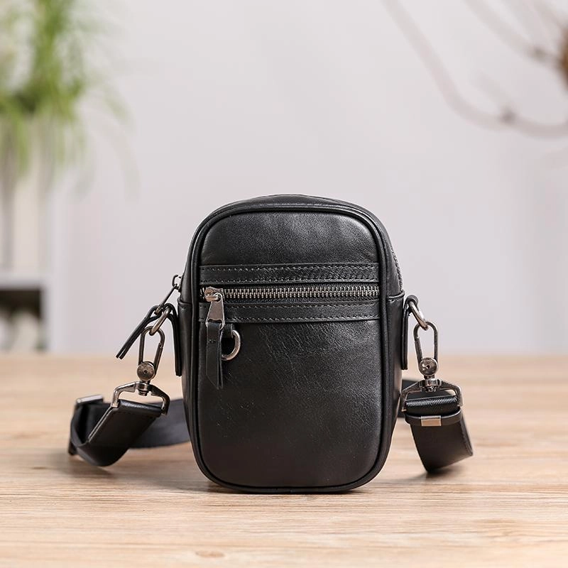 Classic Companion Outdoor Adventure Black Leather MENS Small Vertical Side Bag Black MIni Messenger Bag Mobile Bag For Men